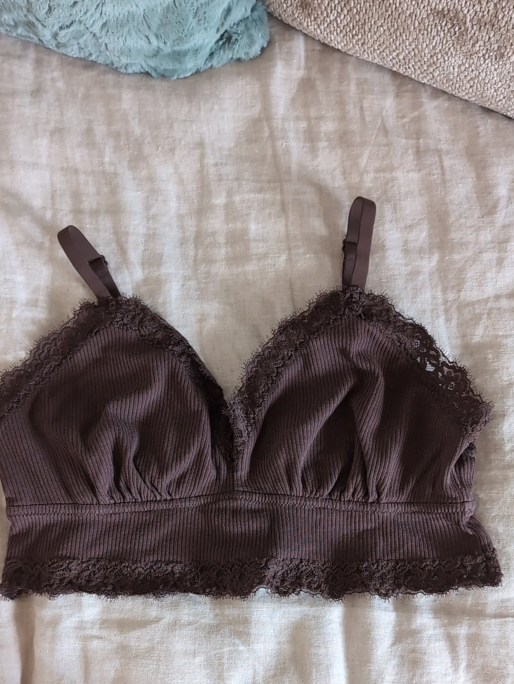 aerie Lace-Trim Ribbed Bralette in Chocolate Brown
